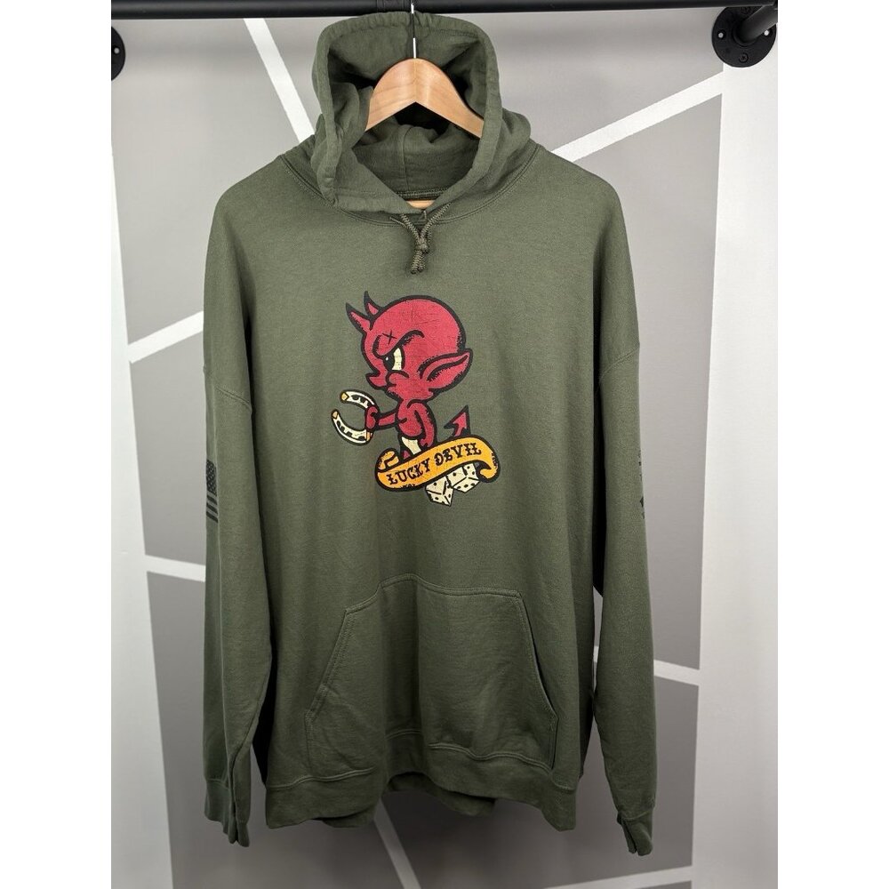 Grunt Style Men’s XXL Green Lucky Devil Hoodie Sweatshirt USMC Military Tattoo
